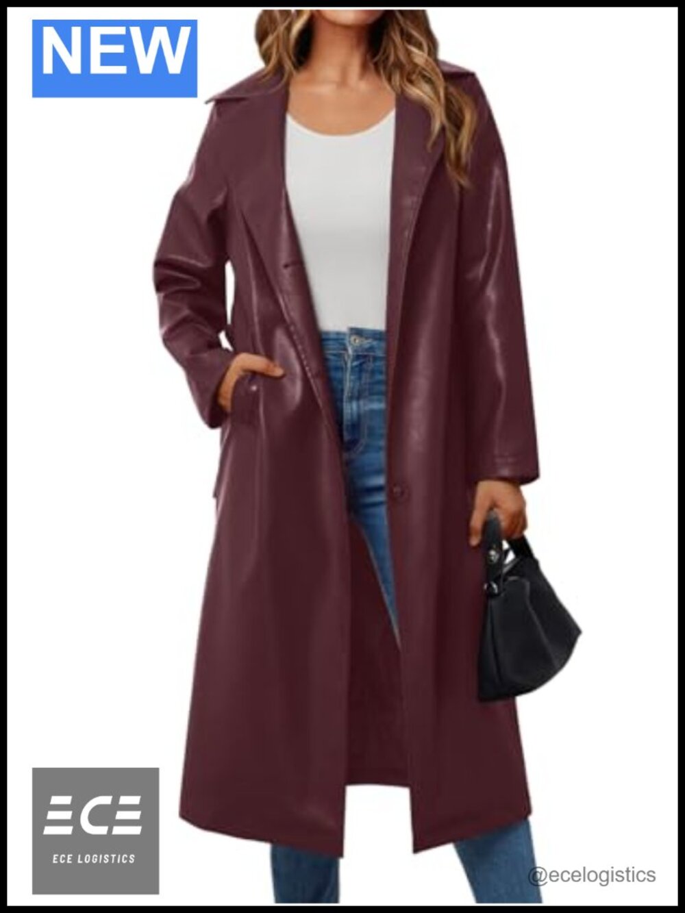 Womens Faux Leather Trench Coat Belted Knee Length